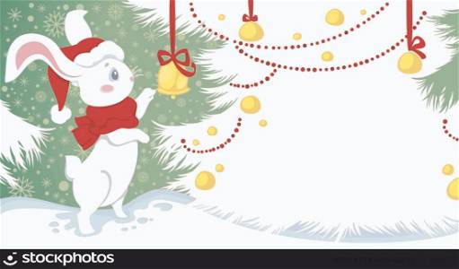 Christmas illustration with cute white rabbit on snow