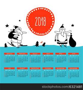 Christmas illustration with Santa Claus.. Calendar for 2018. Vector illustration with funny Santa Claus skiing with a sack of gifts.