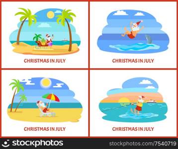 Christmas in July, celebration of holiday in summer vector. Santa Claus swimming and having fun with dolphin, taking selfie and lying in cozy hammock. Christmas in July Celebration of Holiday in Summer