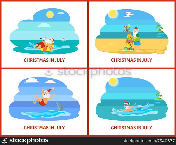 Christmas in July holiday postcard. Santa relaxing on rubber ring with seagull near ship and swimming near dolphin and making fir-tree with monkey vector. Santa Christmas Relaxing on Water and Beach Vector