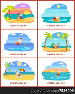 Christmas in July, Santa Claus with snowman made of sand vector. Tropical atmosphere, beach and sea, seagull and ship, swimming dolphin and palm tree. Christmas in July Santa Claus with Snowman of Sand