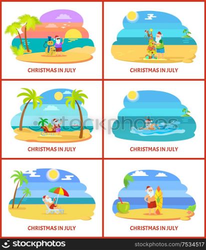 Christmas in July vector illustrations on beach. Santa have rest on plage making snowman and tree, standing near sleigh and surf and swimming in water. Christmas in July Vector Image on Beach Vector