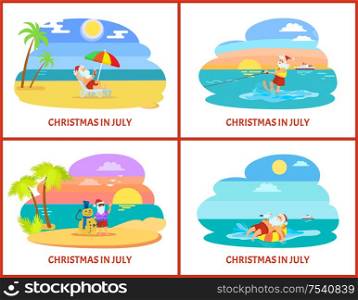 Christmas in July with Santa laying on chaise-lounge with parasol and standing with snowman, going on water skiing on sunset view vector holiday postcard. Warm Christmas in July with Santa Holidays Vector