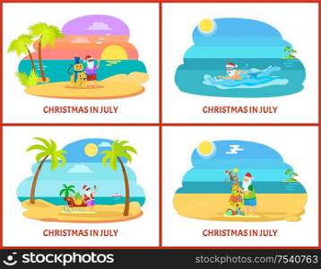 Christmas in July with Santa standing near sleigh with fruit and decoration fir-tree with monkey. Swimming Claus near dolphin and vector holiday postcard. July Christmas Standing Santa near Objects Vector
