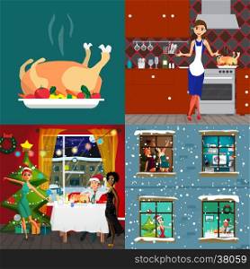 Christmas interior concept banners. Preparation of festive treats, chicken, home party in each apartment. Vector flat cartoon illustration