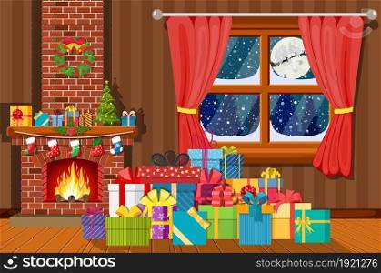 Christmas interior of room with window, gifts and decorated fireplace. Happy new year decoration. Merry christmas holiday. New year and xmas celebration. Vector illustration flat style .. Christmas interior of room