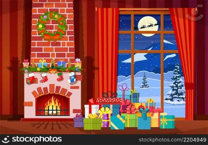 Christmas interior of room with window, gifts and decorated fireplace. Happy new year decoration. Merry christmas holiday. New year and xmas celebration. Vector illustration flat style. Christmas interior of room with window,