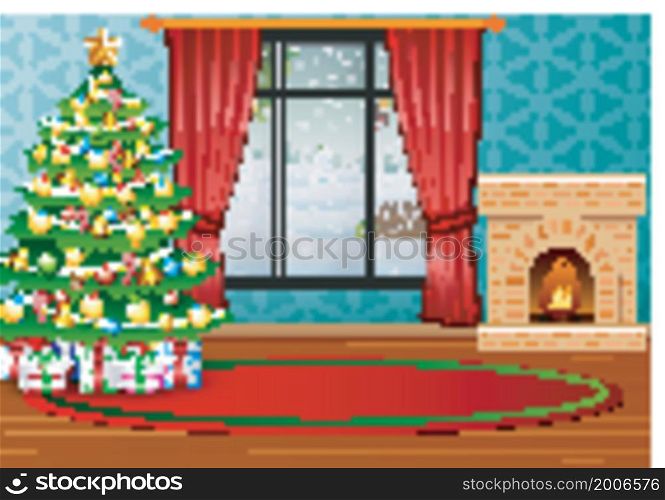Christmas interior of room with winter landscape