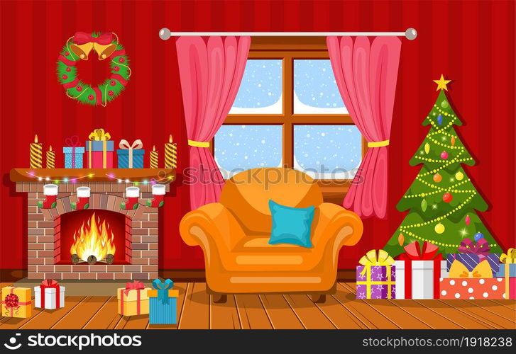 Christmas interior of the living room with a Christmas tree, gifts and a fireplace. Vector illustration in a flat style. Christmas interior of the living room