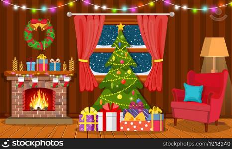 Christmas interior of the living room with a Christmas tree, gifts and a fireplace. Vector illustration in a flat style. Christmas interior of the living room