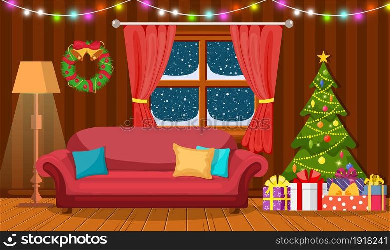 Christmas interior of the living room with a Christmas tree, gifts and a fireplace. Vector illustration in a flat style. Christmas interior of the living room