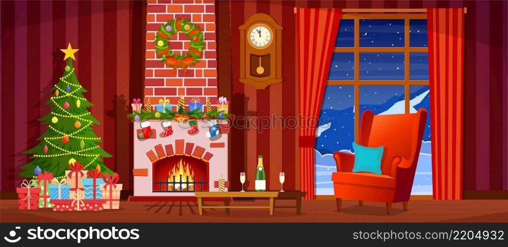 Christmas interior of the living room with a Christmas tree, gifts and a fireplace. Vector illustration. Christmas interior of the living room
