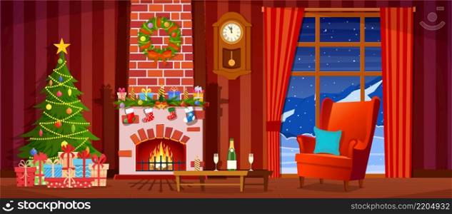 Christmas interior of the living room with a Christmas tree, gifts and a fireplace. Vector illustration. Christmas interior of the living room