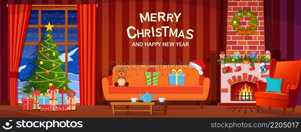 Christmas interior of the living room with a Christmas tree, gifts and a fireplace. Happy New Year Decoration. Merry Christmas Holiday. Vector illustration. Christmas interior of the living room