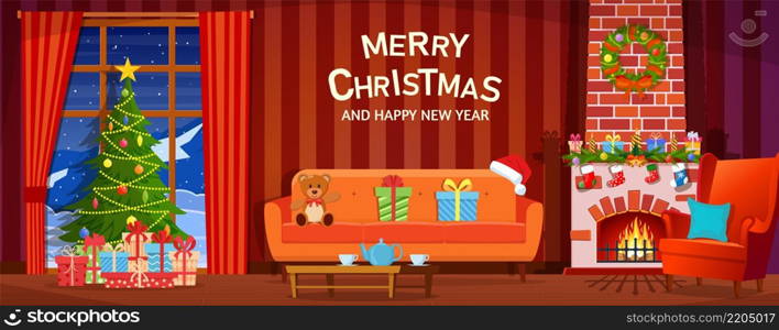 Christmas interior of the living room with a Christmas tree, gifts and a fireplace. Happy New Year Decoration. Merry Christmas Holiday. Vector illustration. Christmas interior of the living room