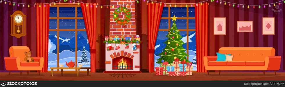 Christmas interior of the living room with a Christmas tree, gifts and a fireplace. Happy New Year Decoration. Merry Christmas Holiday. Vector illustration. Christmas interior of the living room