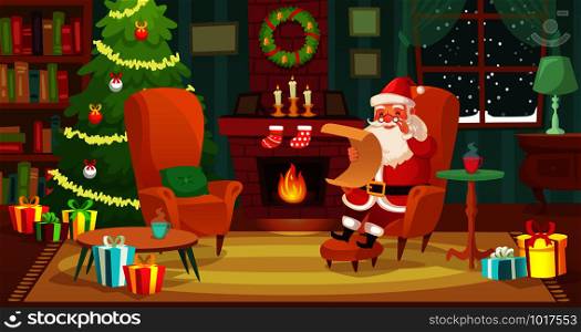 Christmas interior. Santa Claus winter holiday decorated living room with fireplace, candle and xmas tree. House room scene or traditional new year foie decoration cartoon vector illustration. Christmas interior. Santa Claus winter holiday decorated living room with fireplace and xmas tree cartoon vector illustration