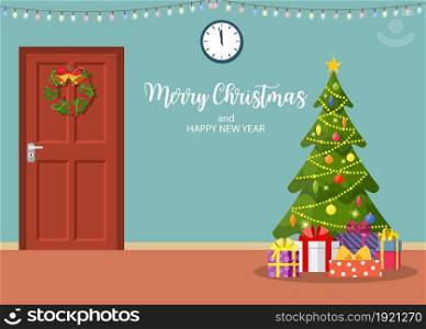 Christmas interior with door and tree. Merry christmas holiday. New year and xmas celebration Vector illustration in a flat style .. Christmas interior with door and tree