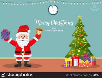 Christmas interior with door and tree. Santa Claus hold a tpresents and bell. Merry christmas holiday. New year and xmas celebration Vector illustration in a flat style .. Christmas interior with door and tree