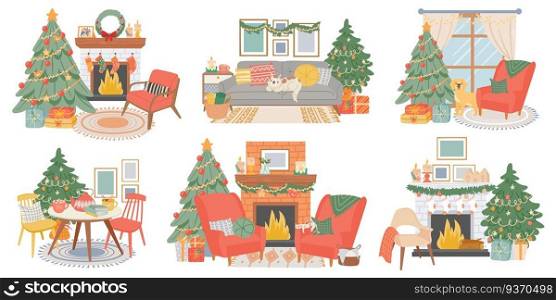 Christmas interiors. New year decorated room with pine tree, fireplace, cozy chairs, cat and dog. Home winter holiday atmosphere vector set. Illustration fireplace interior, present traditional. Christmas interiors. New year decorated room with pine tree, fireplace, cozy chairs, cat and dog. Home winter holiday atmosphere vector set