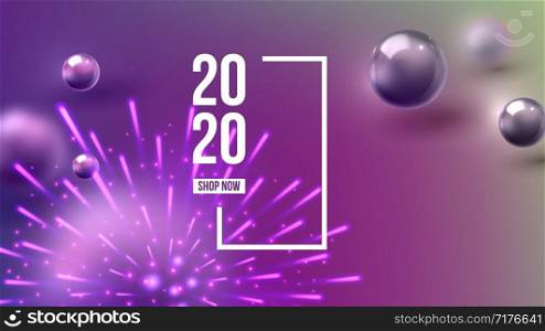Christmas Invitation Card Celebrating 2020 Vector. Purple Glossy Glob And Number 2020 Two Thousand Twenty Decorated Fireworks On New Year Greeting-card Annonce. Horizontal Poster 3d Illustration. Christmas Invitation Card Celebrating 2020 Vector