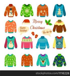 Christmas jumper. Xmas cozy funny sweater with ugly print for winter traditional party cartoon isolated vector clothes set. Christmas jumper. Xmas cozy funny sweater with ugly print for traditional party cartoon vector clothes set