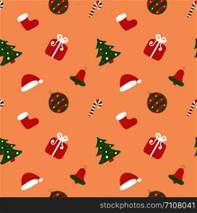Christmas kids pattern. Winter holiday wallpaper. Seamless texture for the New Year. Santa&rsquo;s boot and hats. Christmas tree, bag, gift, stick, bell and balls