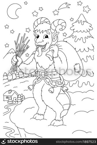 Christmas Krampus. Coloring book page for kids. Cartoon style character. Vector illustration isolated on white background.