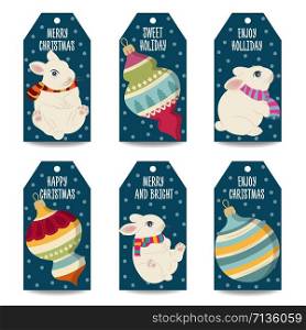 Christmas labels collection with Christmas balls, and rabbits isolated items on white background. Vector
