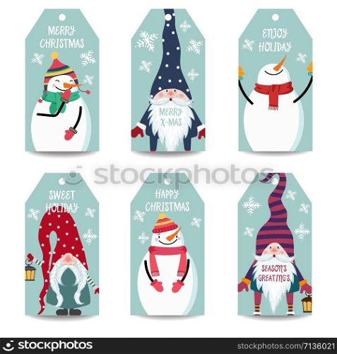 Christmas labels collection with snowman and gnomes isolated items on white background, eps10