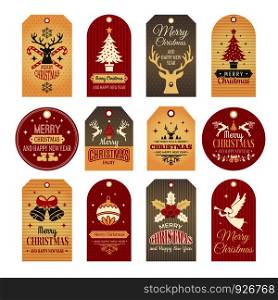 Christmas labels. Holiday tags and badges with funny winter new year elements and vector snow illustrations. Christmas label tag, merry xmas with deer and bell. Christmas labels. Holiday tags and badges with funny winter new year elements and vector snow illustrations