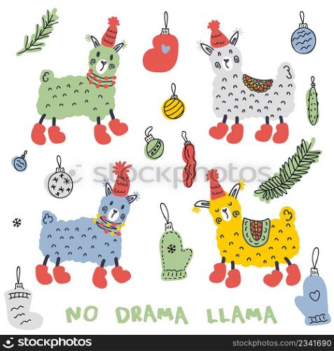 Christmas lamas in boots and hats doodle collection. Perfect for poster, stickers and print. Hand drawn vector illustration for decor and design.