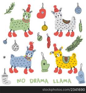 Christmas lamas in boots and hats doodle collection. Perfect for poster, stickers and print. Hand drawn vector illustration for decor and design.