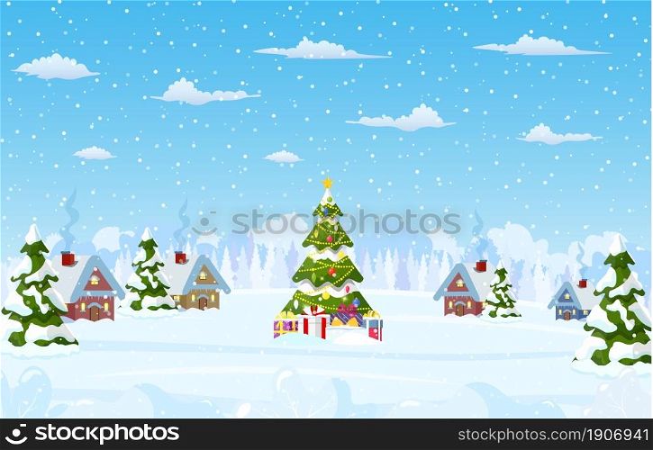 Christmas landscape background with christmas tree with gifbox. Merry christmas holiday. New year and xmas celebration. Vector illustration in flat style. Decorated Christmas tree