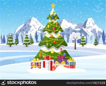 Christmas landscape background with Mountains with christmas tree with gifbox. Merry christmas holiday. New year and xmas celebration. Vector illustration in flat style. Christmas landscape background with snow and tree