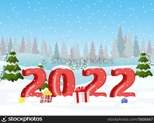 Christmas landscape background with snow and tree. Greeting card. 3d numbers. Merry christmas holiday. New year and xmas celebration. Vector illustration in flat style .. Christmas landscape background with snow and tree