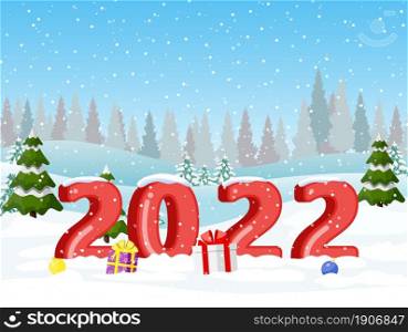 Christmas landscape background with snow and tree. Greeting card. 3d numbers. Merry christmas holiday. New year and xmas celebration. Vector illustration in flat style .. Christmas landscape background with snow and tree