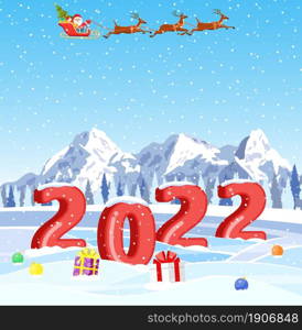 Christmas landscape background with snow and tree. Greeting card. 3d numbers. Merry christmas holiday. New year and xmas celebration. Vector illustration in flat style .. Christmas landscape background with snow and tree