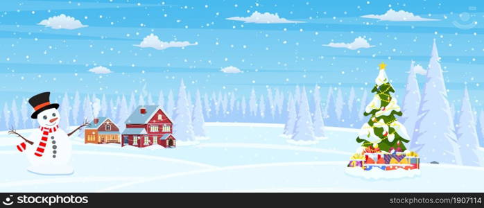 Christmas landscape background with snow and tree. Merry christmas holiday. New year and xmas celebration. Vector illustration in flat style. Christmas landscape background with snow and tree
