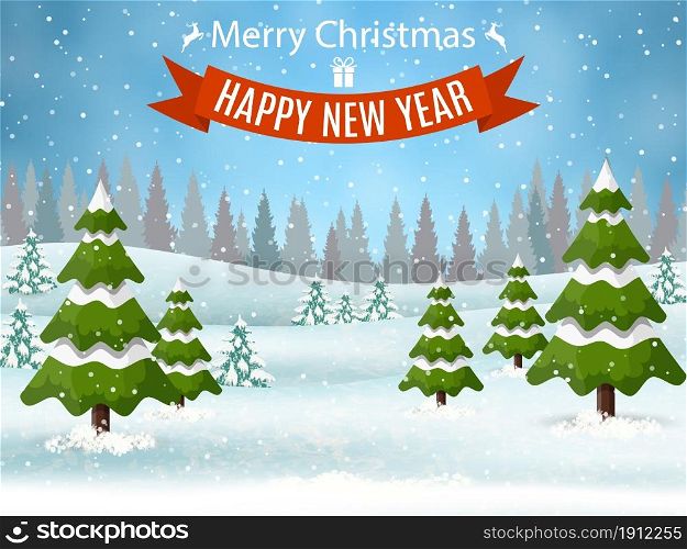 Christmas landscape background with snow and tree. Merry christmas holiday. New year and xmas celebration.. Christmas landscape background with snow and tree
