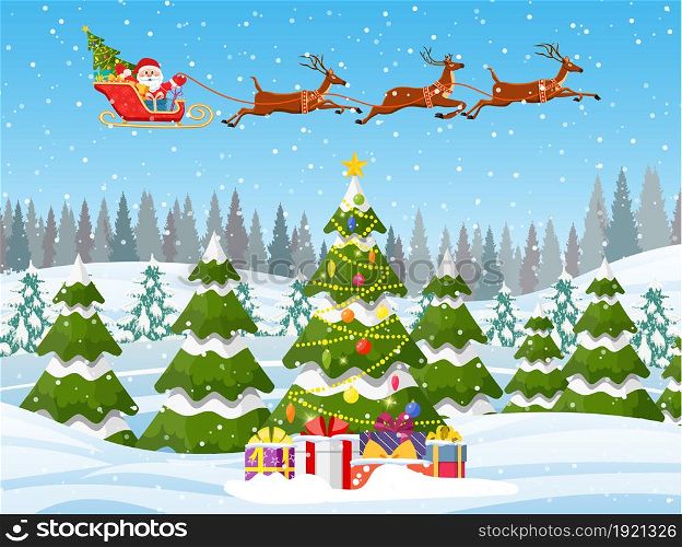 Christmas landscape background withwith christmas tree with gifbox and Santa Claus riding on sleigh. Merry christmas holiday. New year and xmas celebration. Vector illustration in flat style. Christmas landscape background with snow and tree