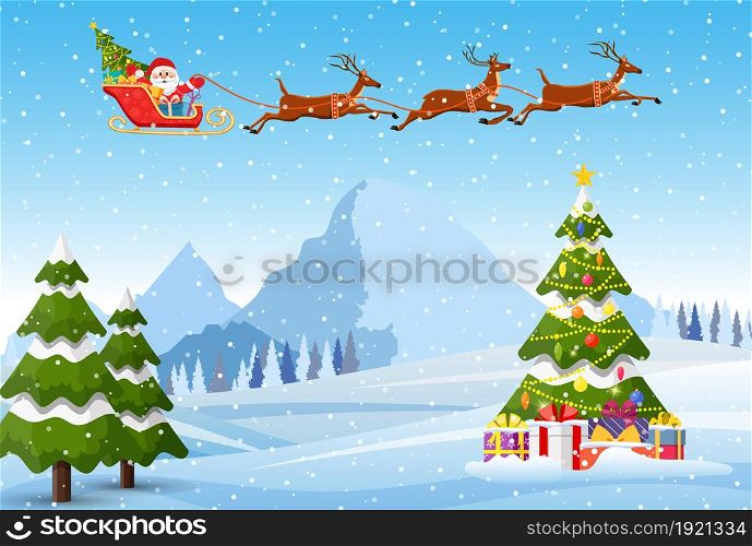 Christmas landscape background withwith christmas tree with gifbox and Santa Claus riding on sleigh. Merry christmas holiday. New year and xmas celebration. Vector illustration in flat style. Christmas landscape background with snow and tree