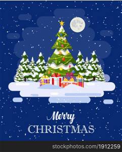 Christmas landscape background withwith christmas tree with gifbox. Merry christmas holiday. New year and xmas celebration. Vector illustration in flat style. Christmas landscape background with snow and tree