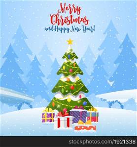Christmas landscape background withwith christmas tree with gifbox. Merry christmas holiday. New year and xmas celebration. Vector illustration in flat style. Christmas landscape background with snow and tree