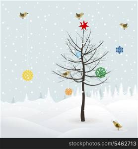 Christmas landscape. Birds decorate a tree in wood. A vector illustration