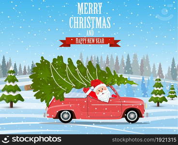 Christmas landscape card design of retro car driving by Santa with tree on the top. Merry christmas holiday. New year and xmas celebration. Vector illustration in flat style. Merry Christmas Winter illustration.