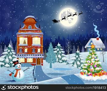 Christmas landscape with christmas tree and snowman with gifbox. background with moon and the silhouette of Santa Claus flying on a sleigh. concept for greeting or postal card, vector illustration. snowy village landscape