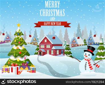 Christmas landscape with christmas tree and snowman with gifbox. concept for greeting or postal card, Merry christmas holiday. New year and xmas celebration. Vector illustration in flat style. snowy village landscape