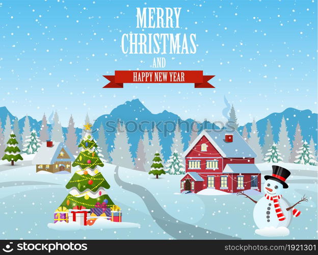 Christmas landscape with christmas tree and snowman with gifbox. concept for greeting or postal card, Merry christmas holiday. New year and xmas celebration. Vector illustration in flat style. snowy village landscape