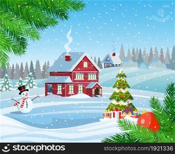 Christmas landscape with christmas tree and snowman with gifbox. concept for greeting or postal card, Merry christmas holiday. New year and xmas celebration. Vector illustration in flat style .. snowy village landscape